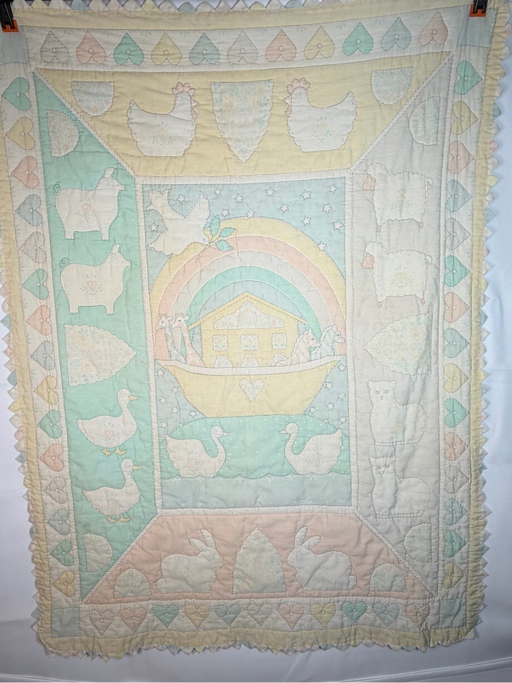 Vintage Noahs Ark Baby Crib Blanket Quilt Pastel Animals Hearts Ruffle Border